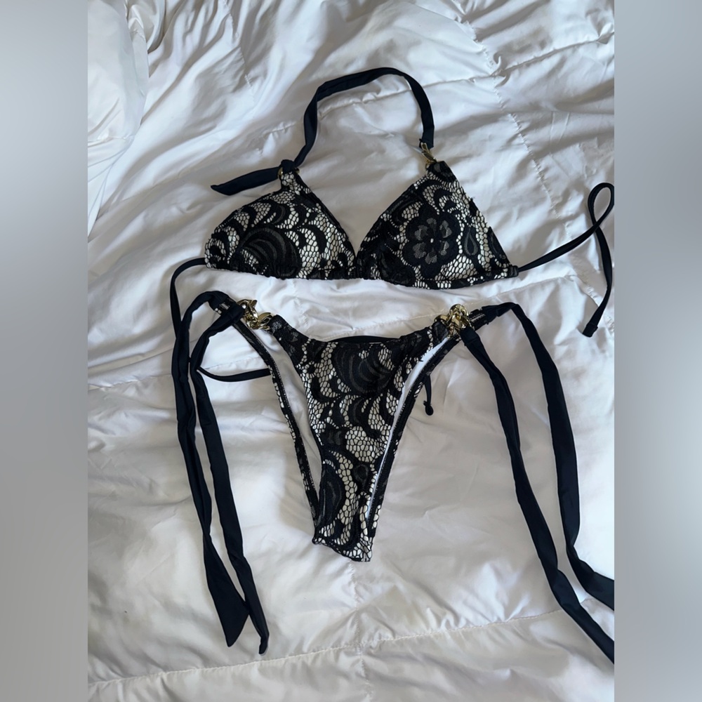 Sexy Black and White Lace Bikini Set with Gold Hardware - Never worn